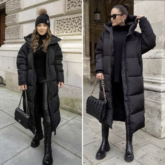ZARA TRF Extra Long Black Puffer Coat Hooded Maxi Down Jacket S Water Repellent - Picture 3 of 16